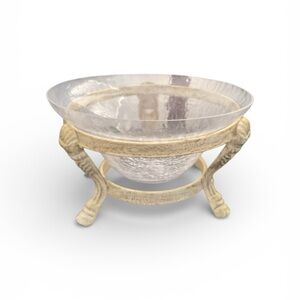VINTAGE Overall Crackle Glass Bowl w/ Elegant Metal Cream Stand Like New